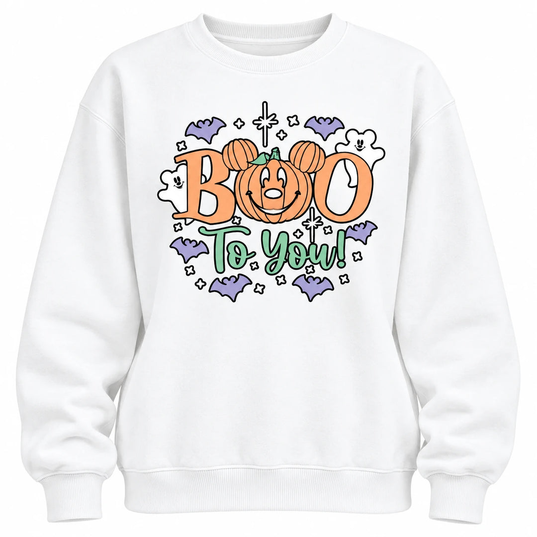 White sweatshirt front close-up with the Boo To You print, lavender bats, white ghosts and green script on a white background