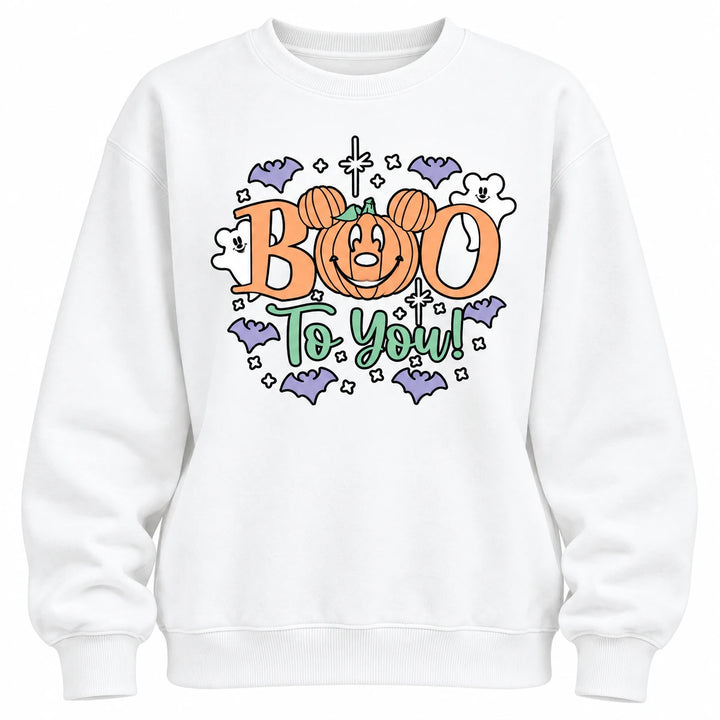 White sweatshirt front close-up with the Boo To You print, lavender bats, white ghosts and green script on a white background