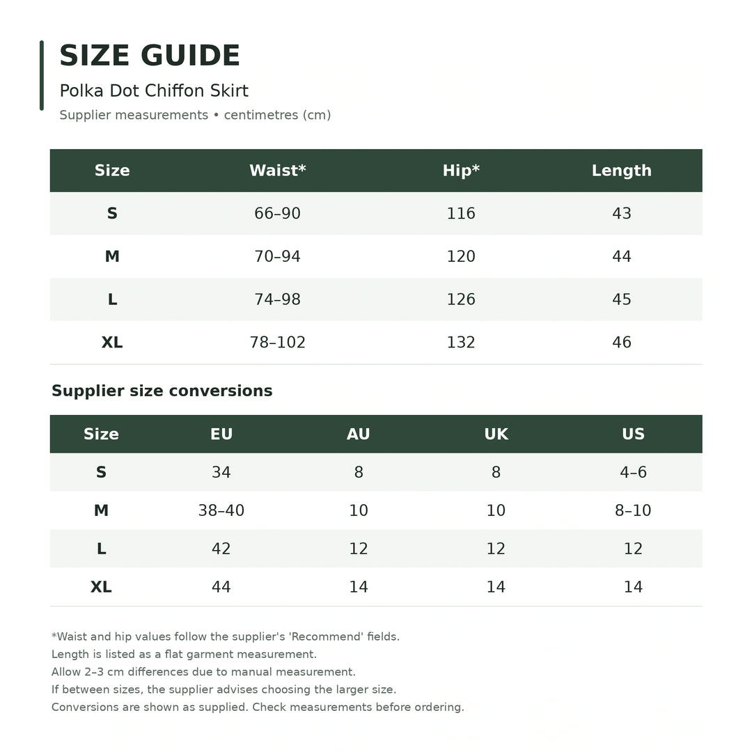Supplier size guide for the polka dot chiffon skirt, sizes S to XL, with measurements in centimetres