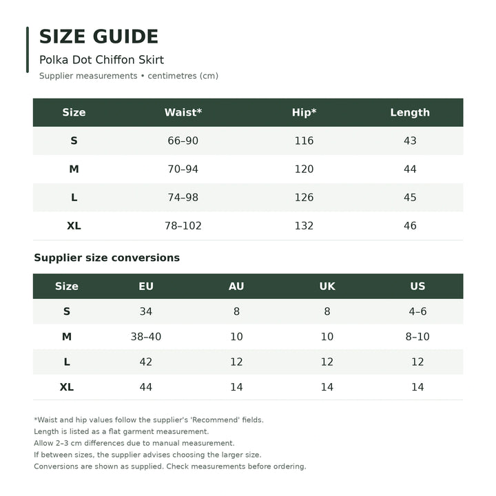 Supplier size guide for the polka dot chiffon skirt, sizes S to XL, with measurements in centimetres