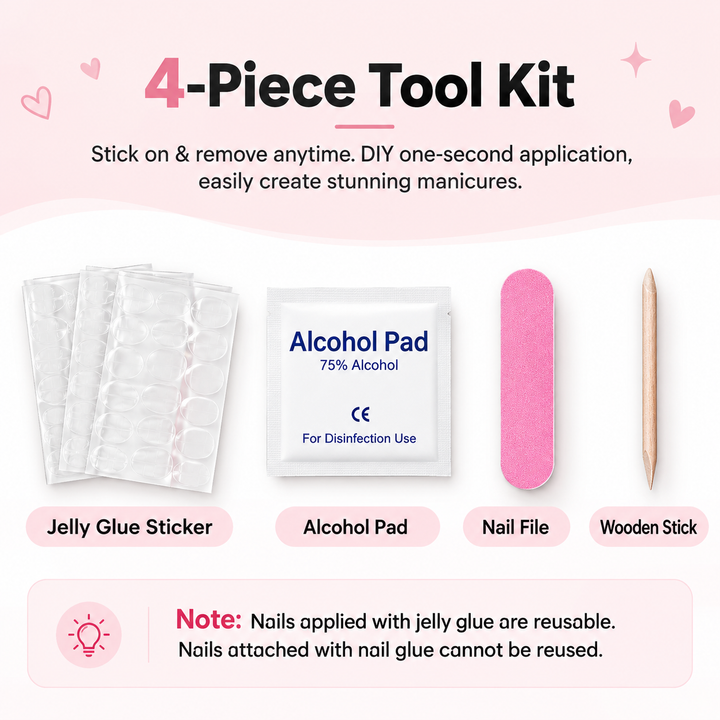 Press on nail application kit with manicure accessories on a clean background