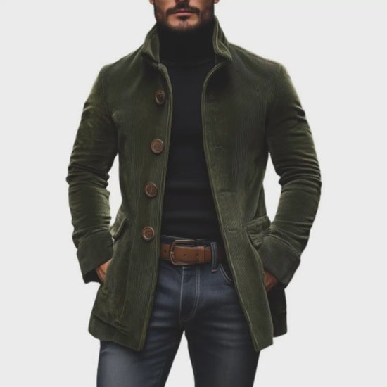 men's corduroy jacket front chest pocket detail in gray corduroy for stand collar jacket men winter style
