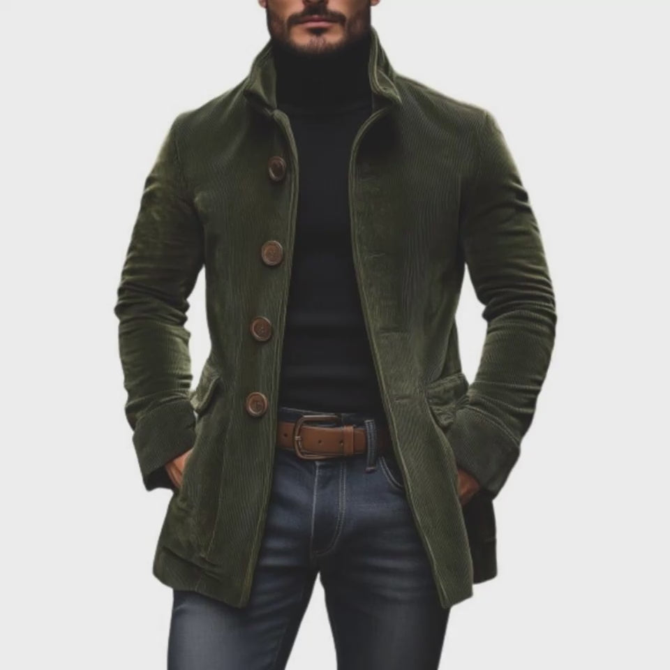 men's corduroy jacket front chest pocket detail in gray corduroy for stand collar jacket men winter style
