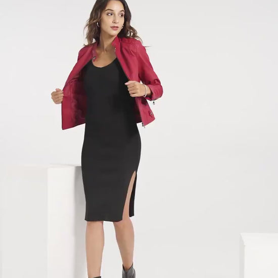 Street-style coffee color PU leather jacket for women, full front view

