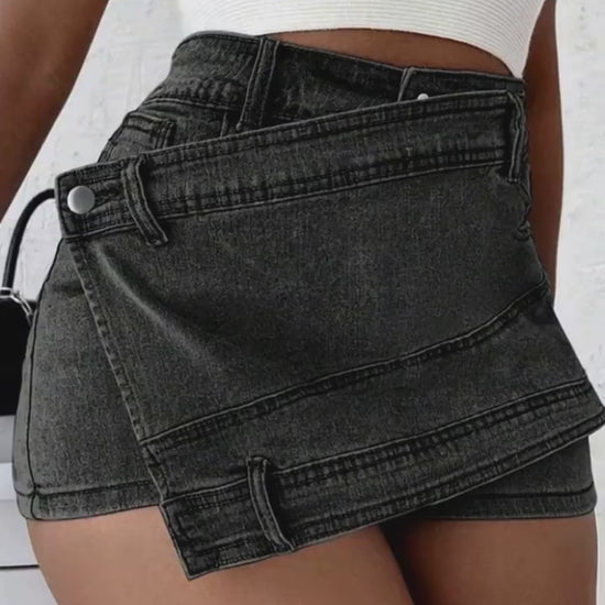 “Night-out glam: leather jacket paired with Asymmetric Denim Skorts”

