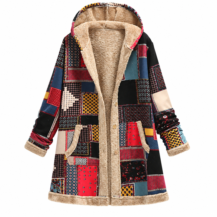 Red printed hooded jacket with button front and plush lining