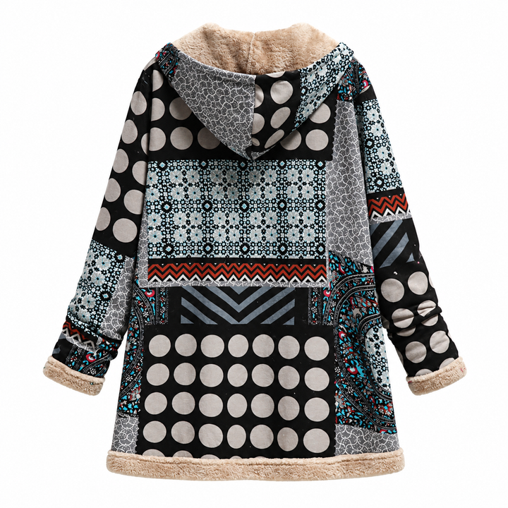 Grey jacket back view showing the hood and printed panels