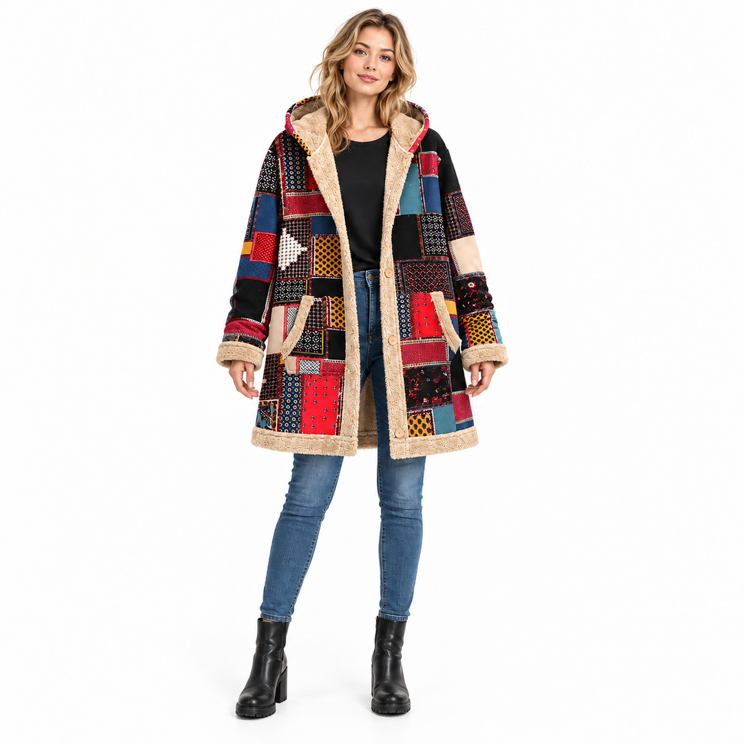Red patchwork hooded jacket with beige trim on a full-length blonde model, front view