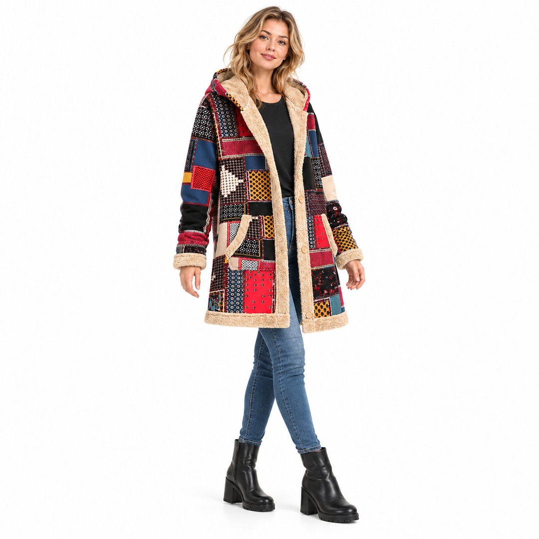 Red patchwork jacket worn with blue jeans and black boots in a three-quarter pose
