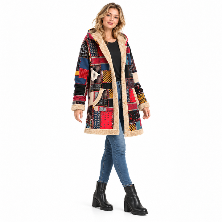 Red patchwork jacket worn with blue jeans and black boots in a three-quarter pose