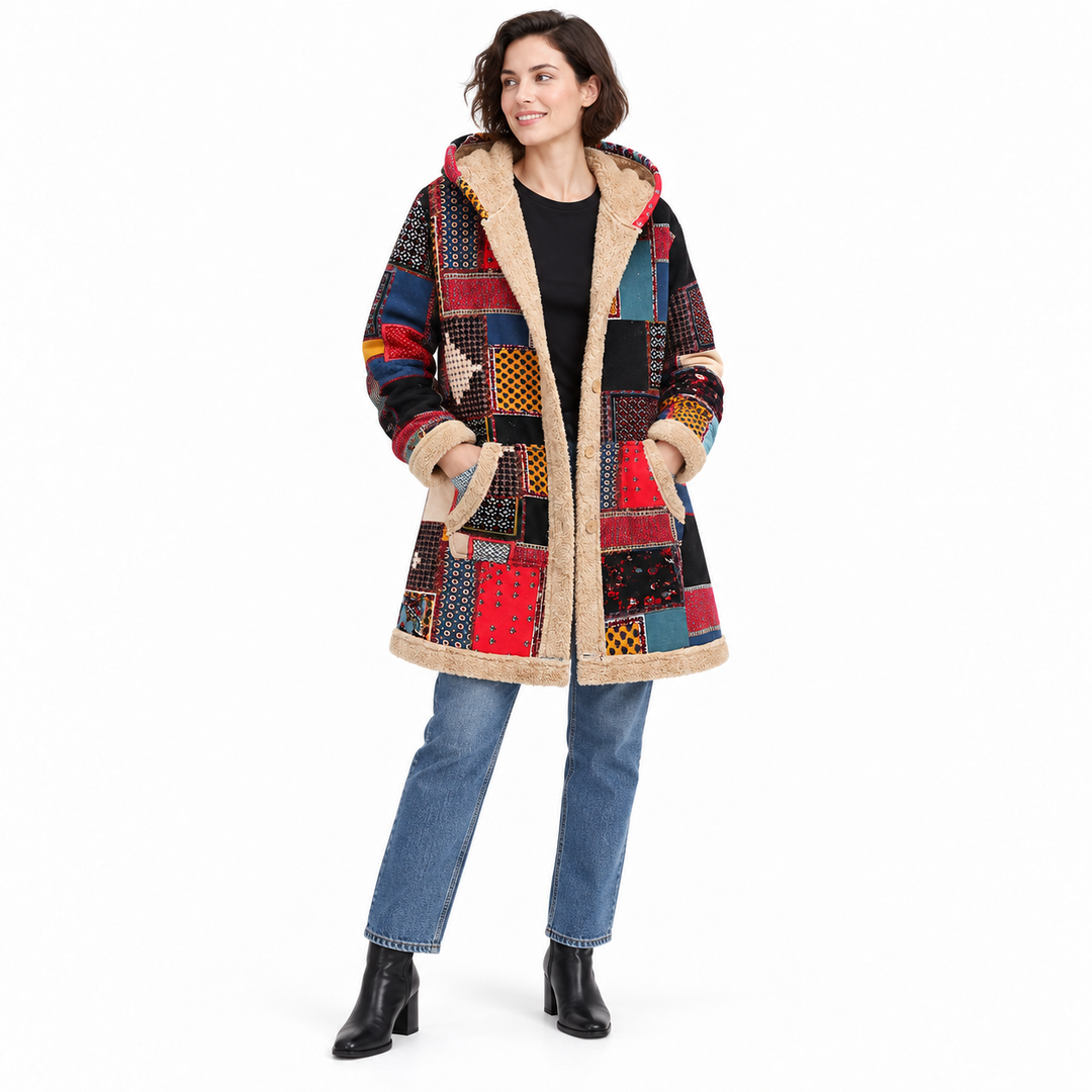 Short-haired model wearing the red patchwork jacket with her hands in the front pockets