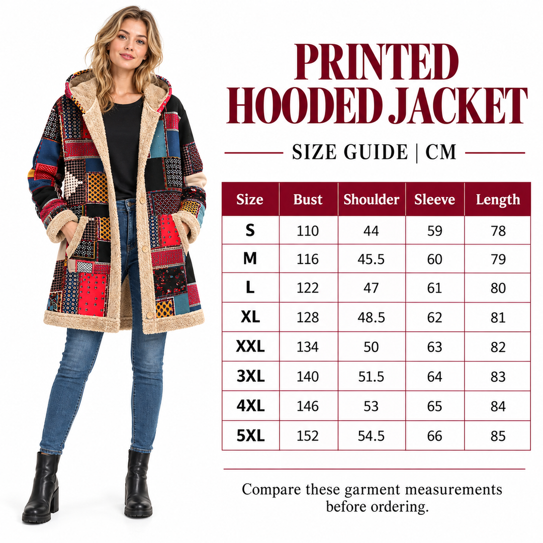 Printed hooded jacket size guide in centimeters for S through 5XL with a full-length model