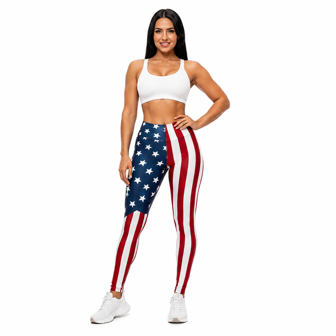 Printed yoga pants for women in American flag design, front model view on a clean white background.