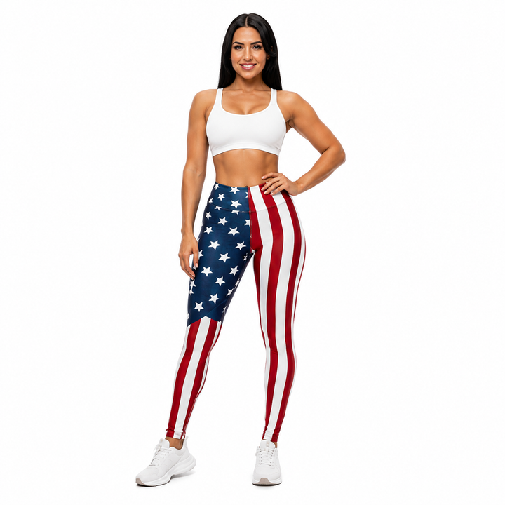 Printed yoga pants for women in American flag design, front model view on a clean white background.
