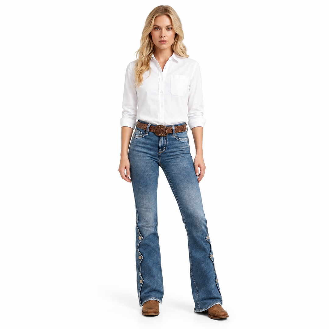 Blue flare jeans shown from the front with arms relaxed, belt loops and side button trim visible.