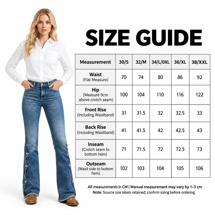 Blue flare jeans size guide with waist, hip, rise, inseam and outseam values in centimeters.
