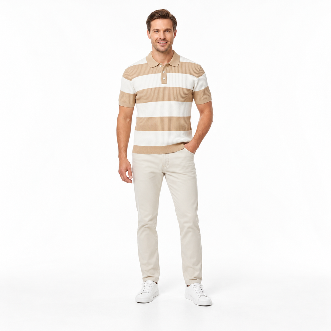 Men's knit polo in beige and ivory stripes on a full-body model against a white background.