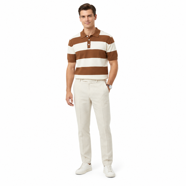 Men's Short Sleeve Knit Polo Sweater with Stripe Detail