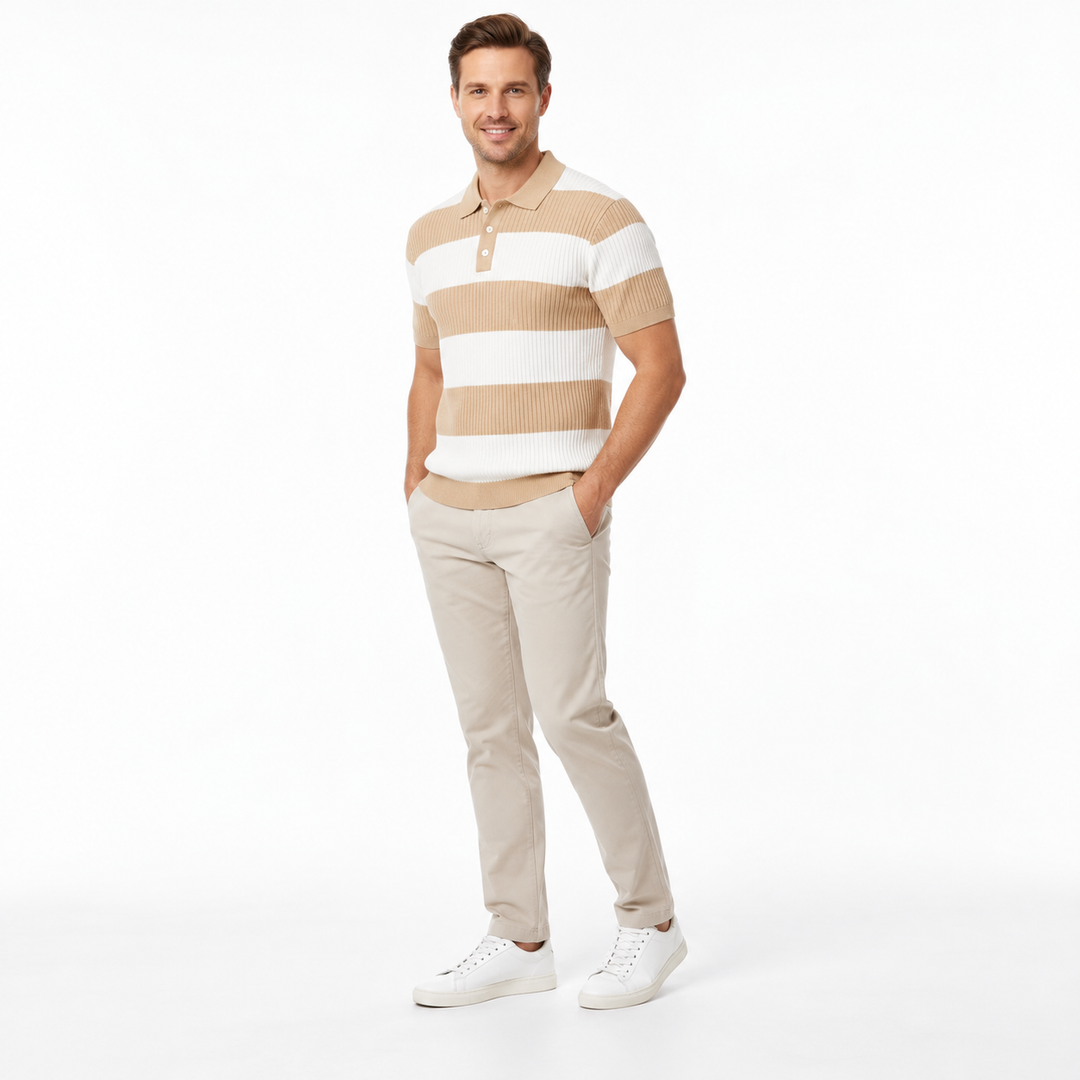 Three-quarter view of beige and ivory striped knit polo with ribbed hem.