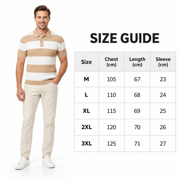 Knit polo size guide for M to 3XL showing chest, length and sleeve values in centimeters.