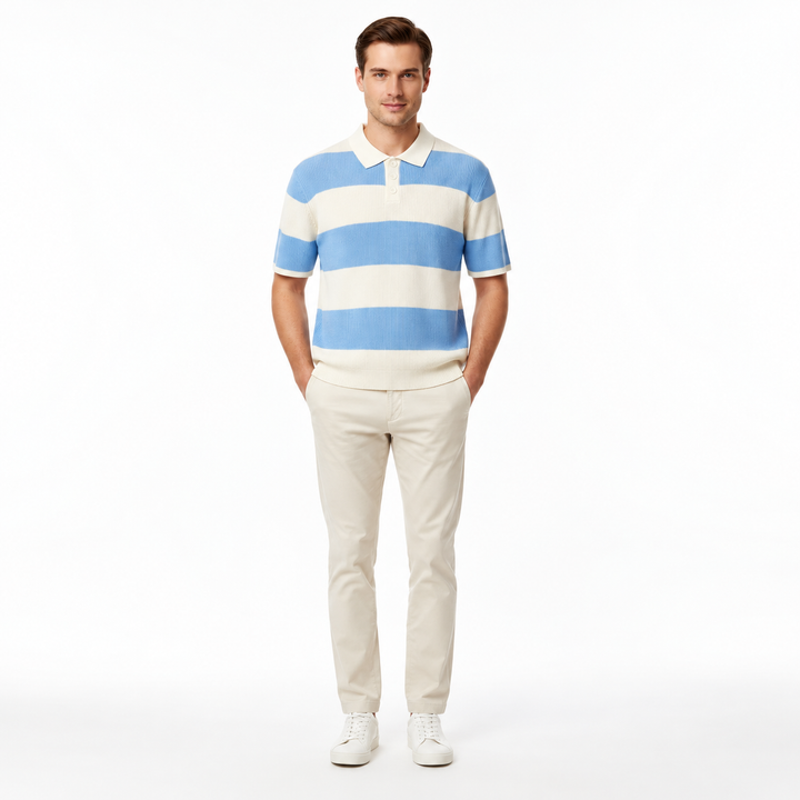 Blue and ivory striped knit polo on a full-body male model.