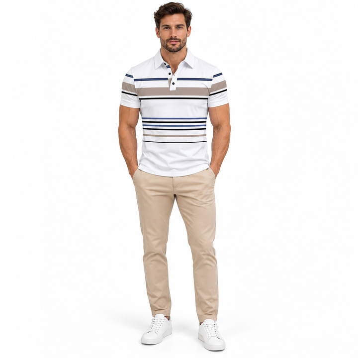 Striped polo shirt in white with navy, black and taupe stripes on a full-body model.