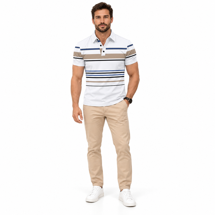 Front view of white striped polo with short sleeves, a collar and dark buttons.