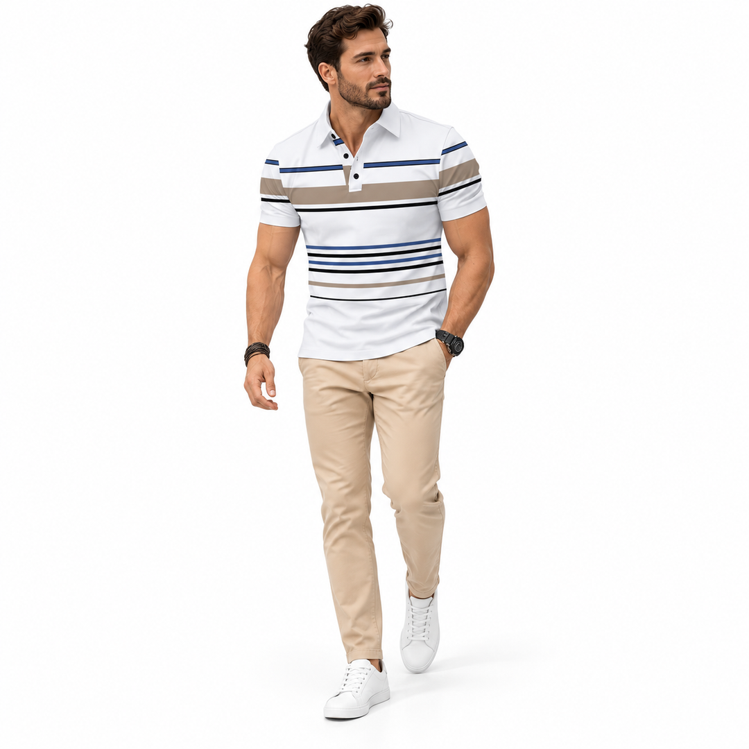 White striped polo on a full-body male model in a walking pose.