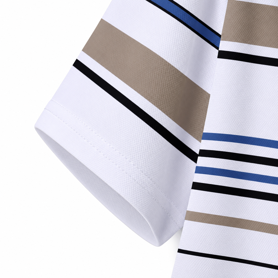 Close-up of white striped polo sleeve edge and stitching.
