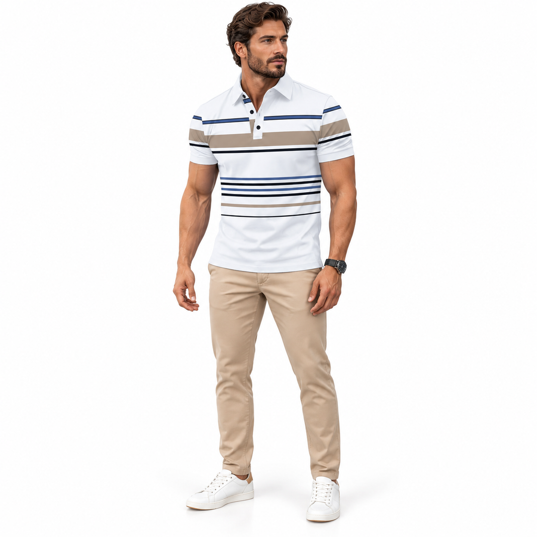 Full-body front view of white striped polo with the collar and button placket visible.