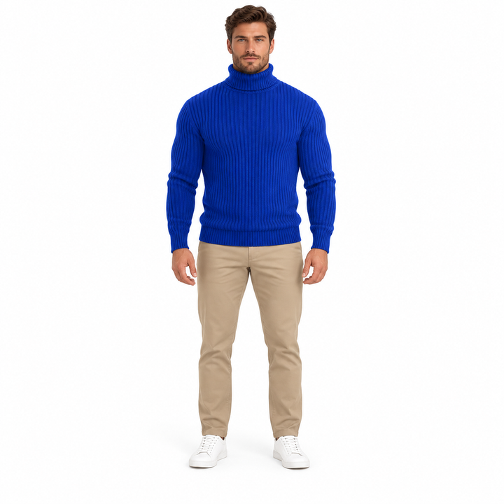 Front view of sapphire blue ribbed turtleneck with long sleeves and folded high neck.