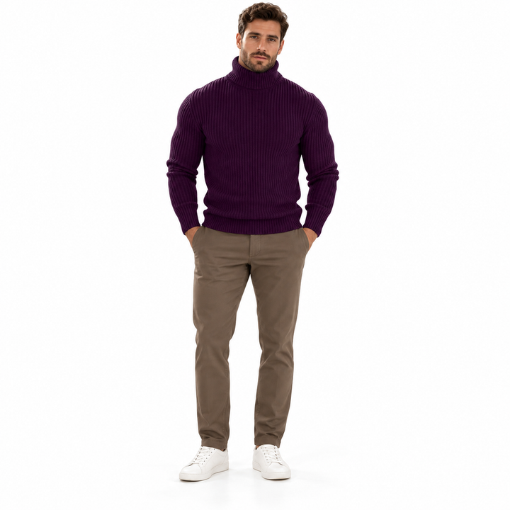 Purple ribbed turtleneck worn by a full-body male model against a white background.