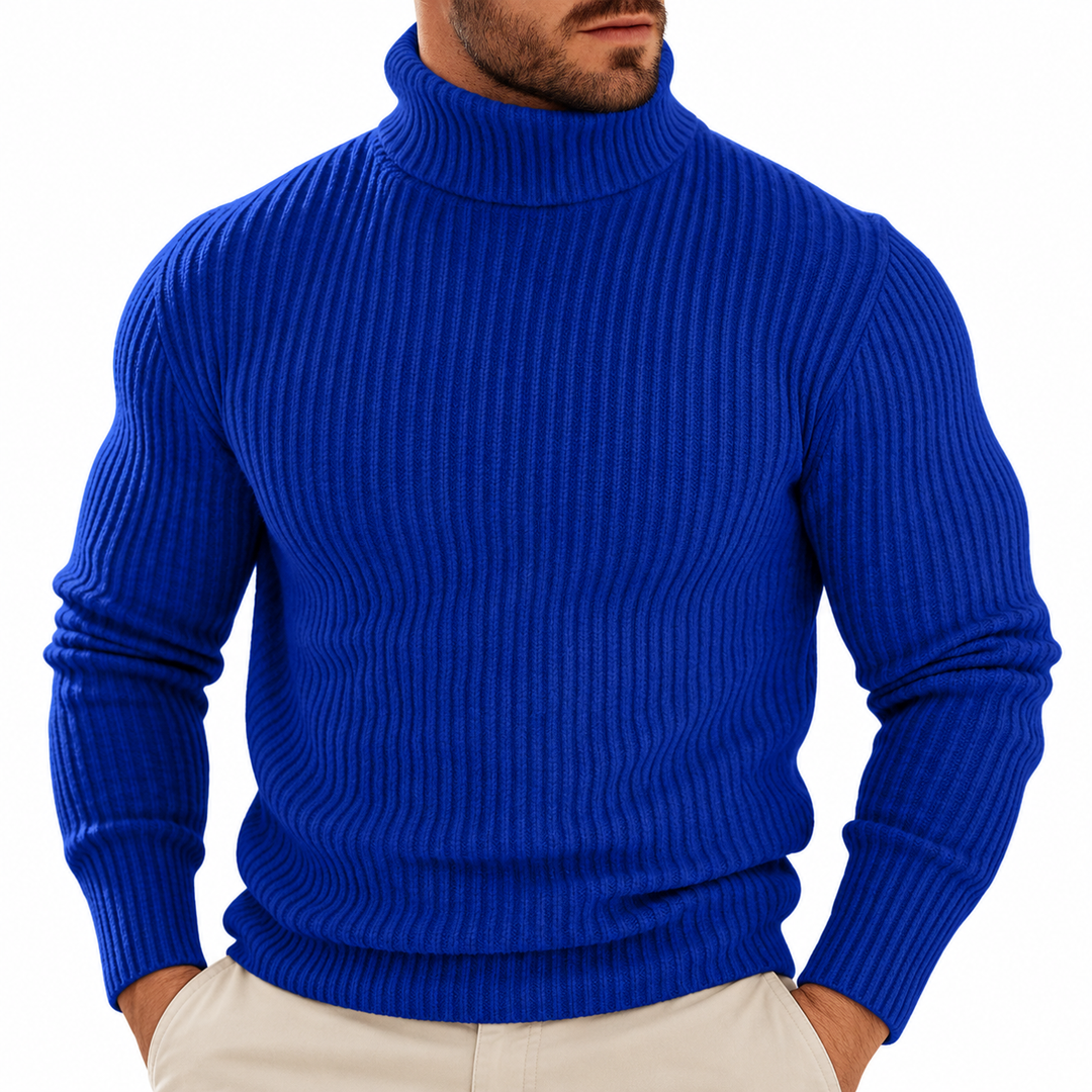 Close-up of sapphire blue folded turtleneck, vertical ribs and hem.