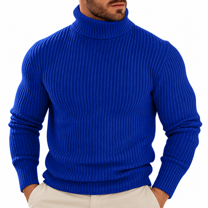Close-up of sapphire blue folded turtleneck, vertical ribs and hem.