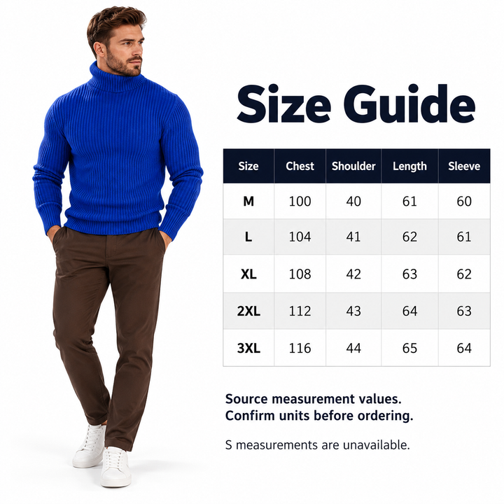 Turtleneck size guide with source measurements for M to 3XL and a note to confirm units.