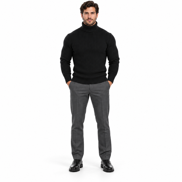 Men's Turtleneck Sweater with Rib Knit and Long Sleeves