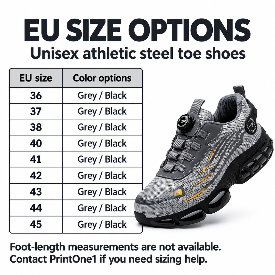EU size options 36, 37, 38 and 40 to 45 for grey and black athletic steel toe shoes.