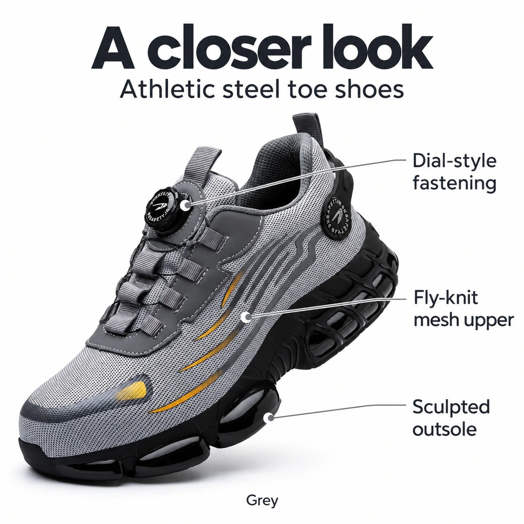 Grey athletic steel toe shoe showing the fly-knit mesh upper, dial-style fastening and sculpted outsole.