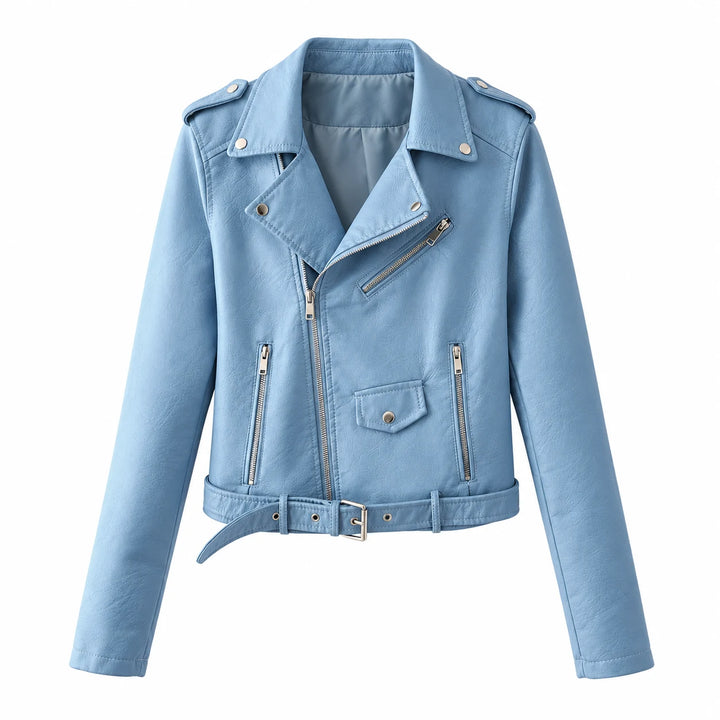 Blue biker jacket with belt on a white background, front view showing long sleeves, notched lapels and the asymmetric zipper.