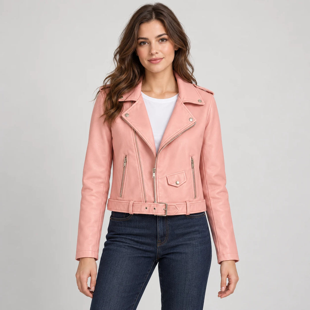 Model wearing the Pink belted jacket over a white top and dark jeans, showing the open lapels, long sleeves and matching belt