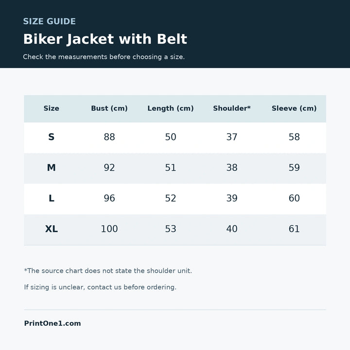 English size guide for a belted jacket, showing S, M, L and XL bust, length, shoulder and sleeve values, with a shoulder note