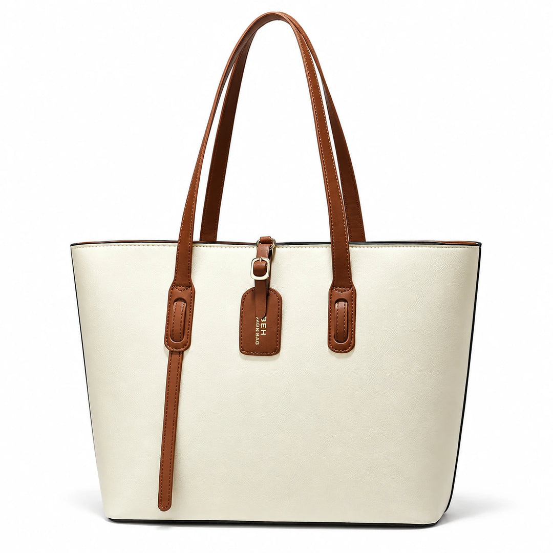 Front view of the Beige White PU shoulder bag with brown handles and gold-tone buckle