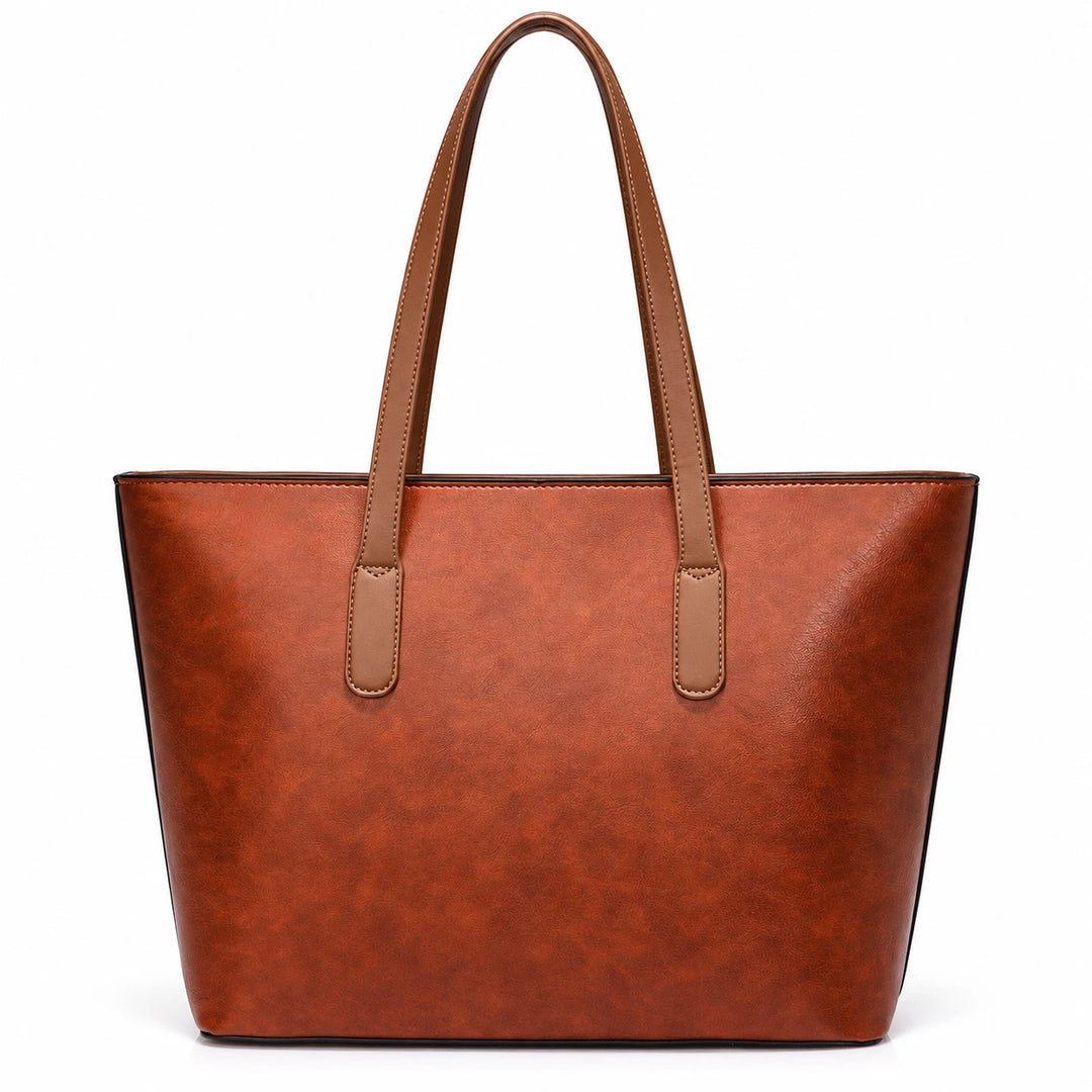Back view of the Yellow Brown PU shoulder bag showing stitched brown handle attachments