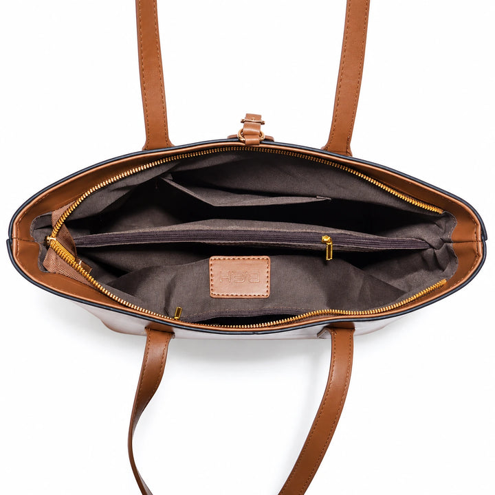 Open handbag interior showing polyester lining, central zip divider and inner pockets