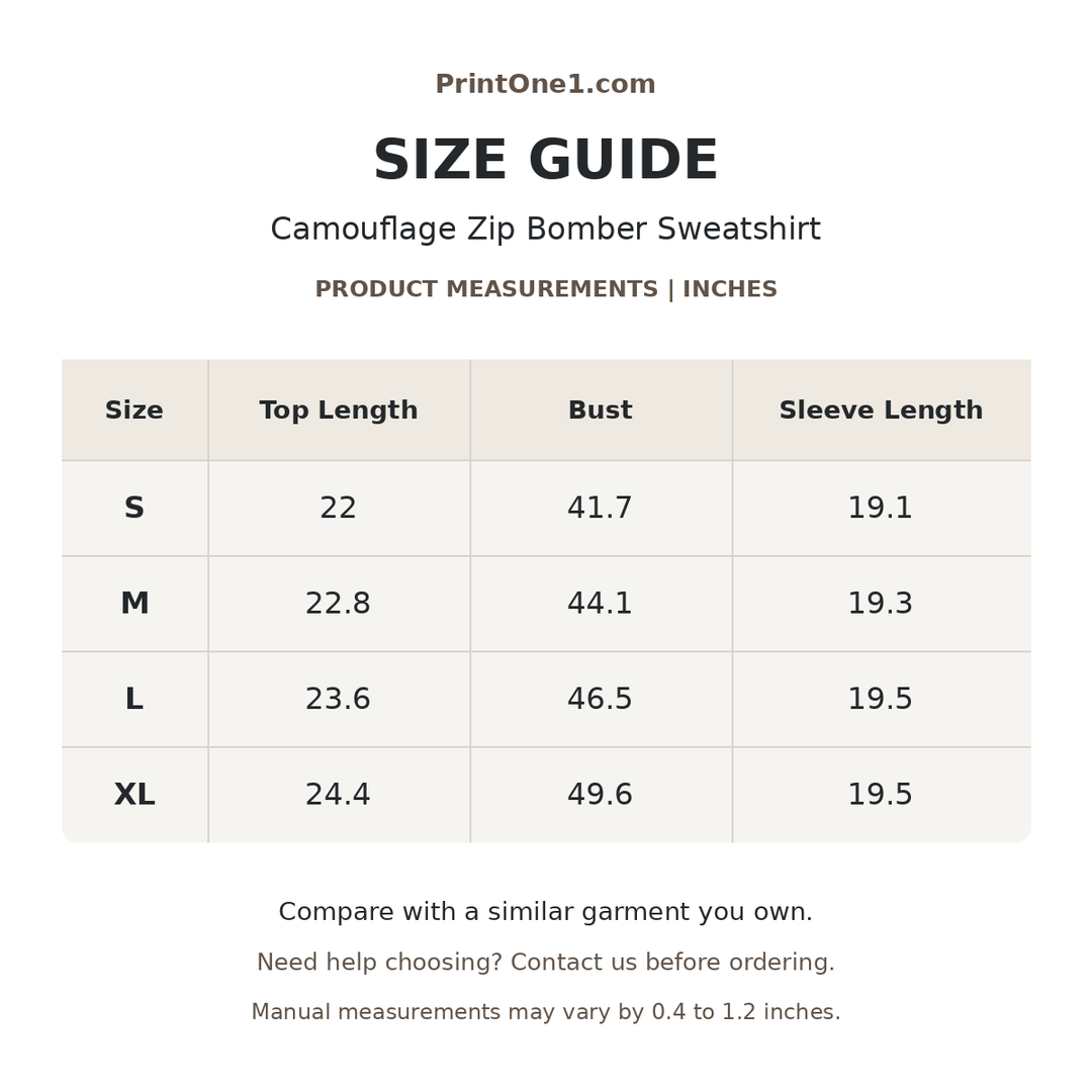 Size chart for a camouflage zip bomber in inches, listing S to XL with top length, bust and sleeve length for size selection.