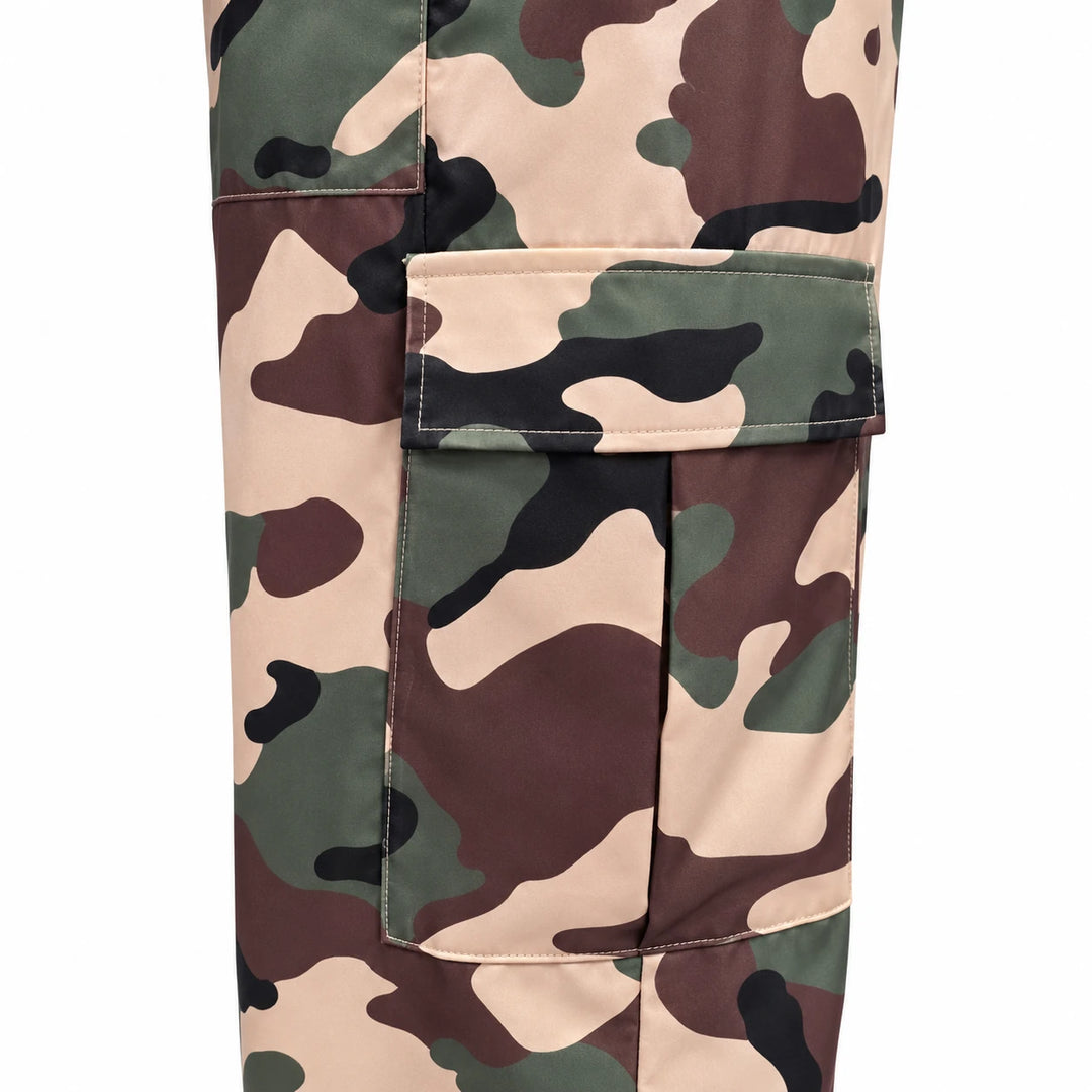 Close-up of the thigh cargo pocket on Army Green Camouflage pants, showing a rectangular flap, stitched edges and camo print.
