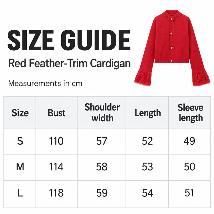 Red feather-trim cardigan size chart, S to L, with bust, shoulder, length and sleeve measurements in cm