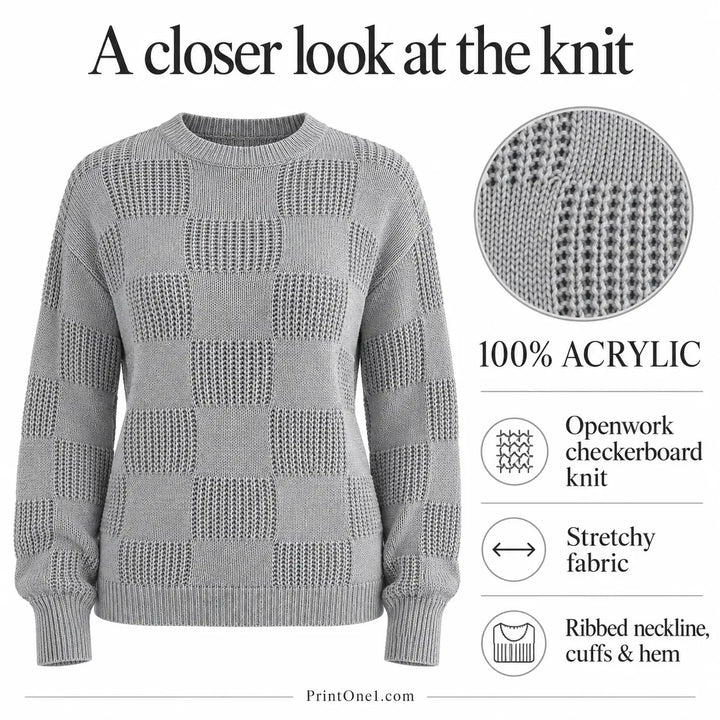 Checkerboard knit sweater features: 100% acrylic, stretchy fabric, openwork knit and ribbed trim