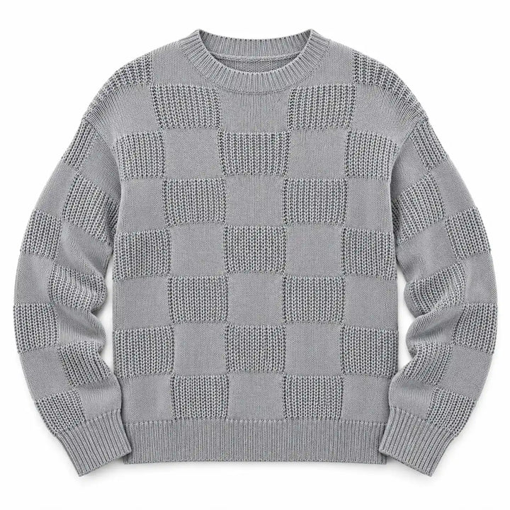 Gray checkerboard knit sweater with openwork panels, shown flat on a white background