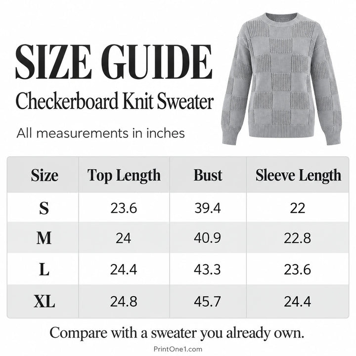 Checkerboard knit sweater size chart for S to XL, with top length, bust and sleeve length in inches